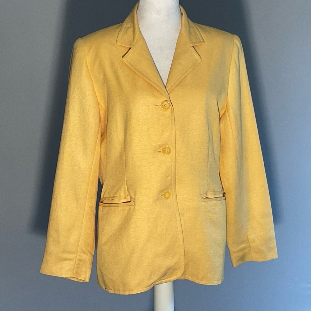 Mary McFadden Yellow Linen Blazer 10P Petite Tailored Spring Summer Jacket